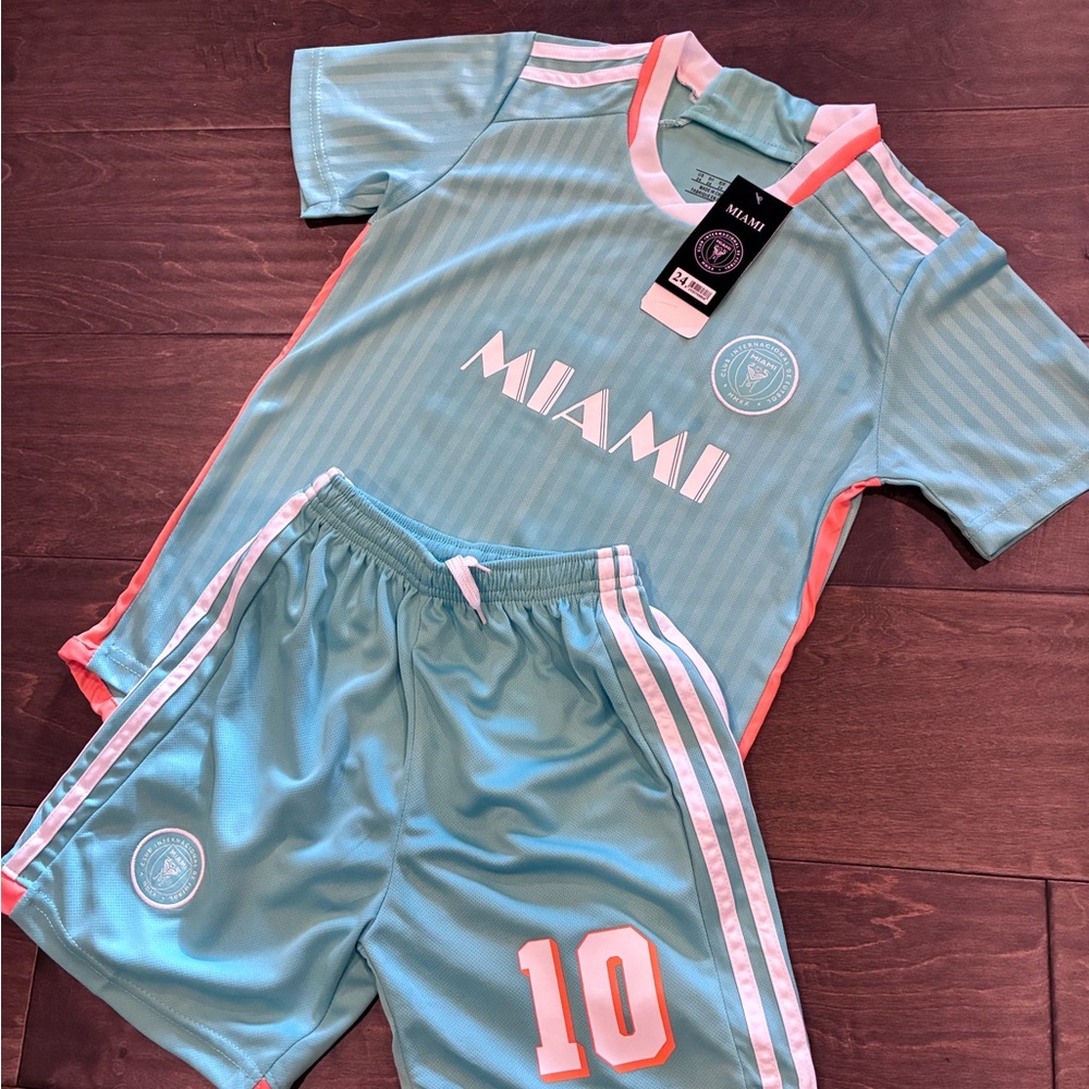 Miami Messi Blue and Coral Kids Soccer Uniform Kit